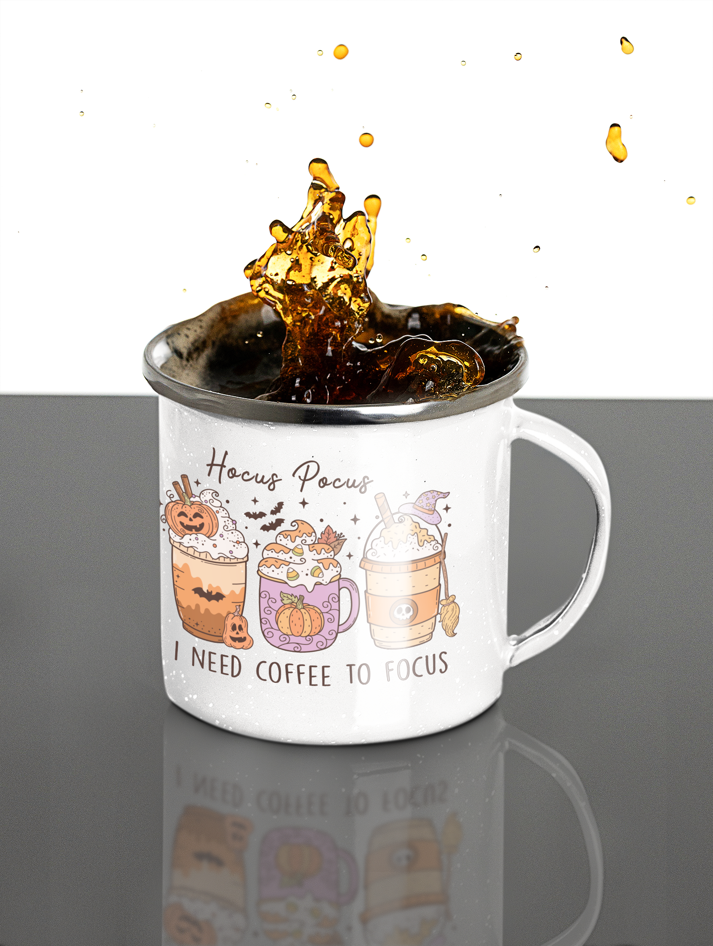 I Need Coffee to Focus" Halloween Enamel Mug - Spooky Sips for Halloween Enthusiasts