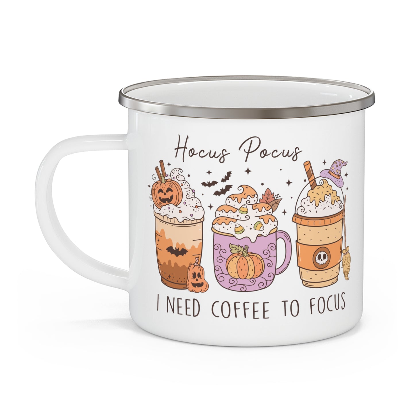 I Need Coffee to Focus" Halloween Enamel Mug - Spooky Sips for Halloween Enthusiasts