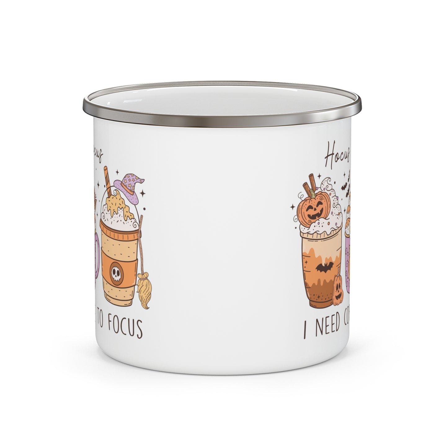I Need Coffee to Focus" Halloween Enamel Mug - Spooky Sips for Halloween Enthusiasts
