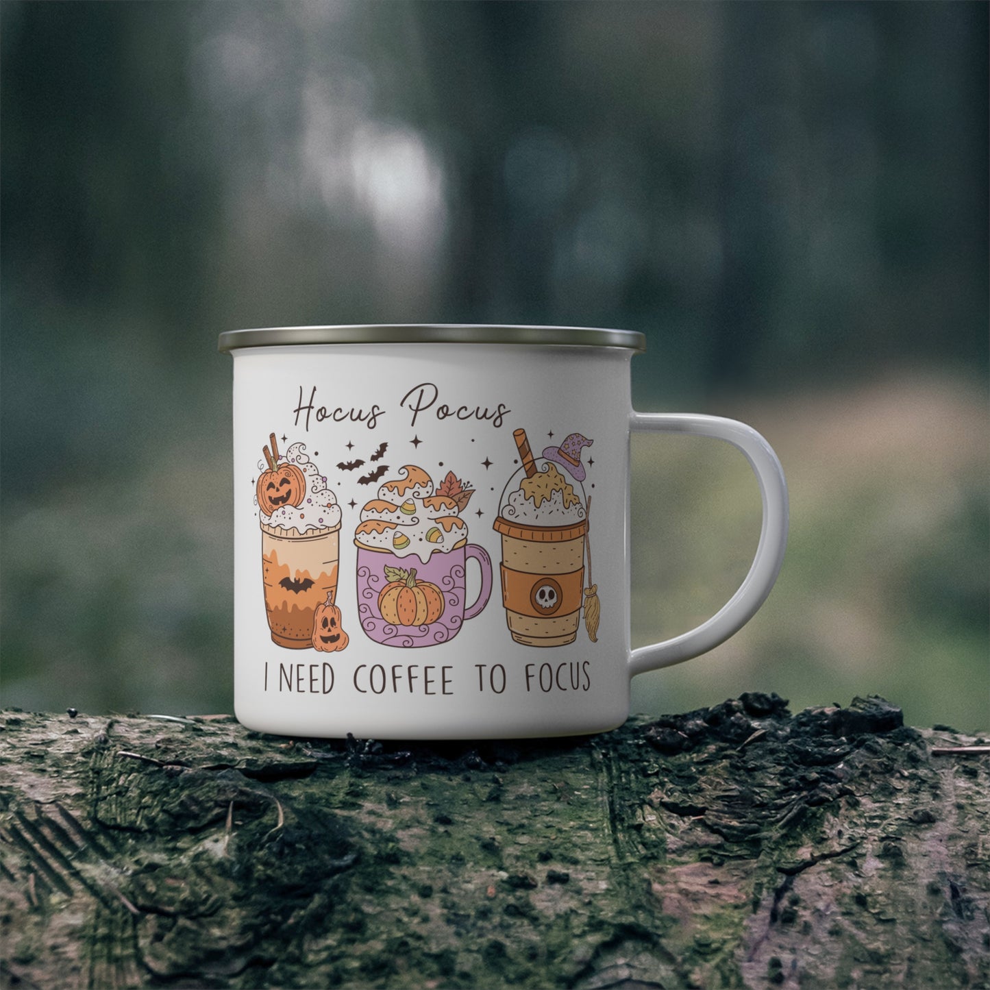 I Need Coffee to Focus" Halloween Enamel Mug - Spooky Sips for Halloween Enthusiasts