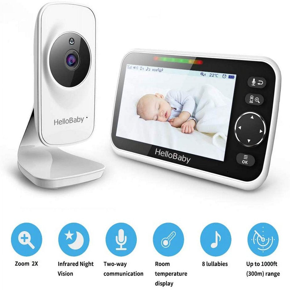 Video Baby Monitor with Camera and Audio, 5" Color LCD Screen, Monitor Camera, Infrared Night Vision, Temperature Display, Lullaby, Two Way Audio and VOX Mode 5 Inches