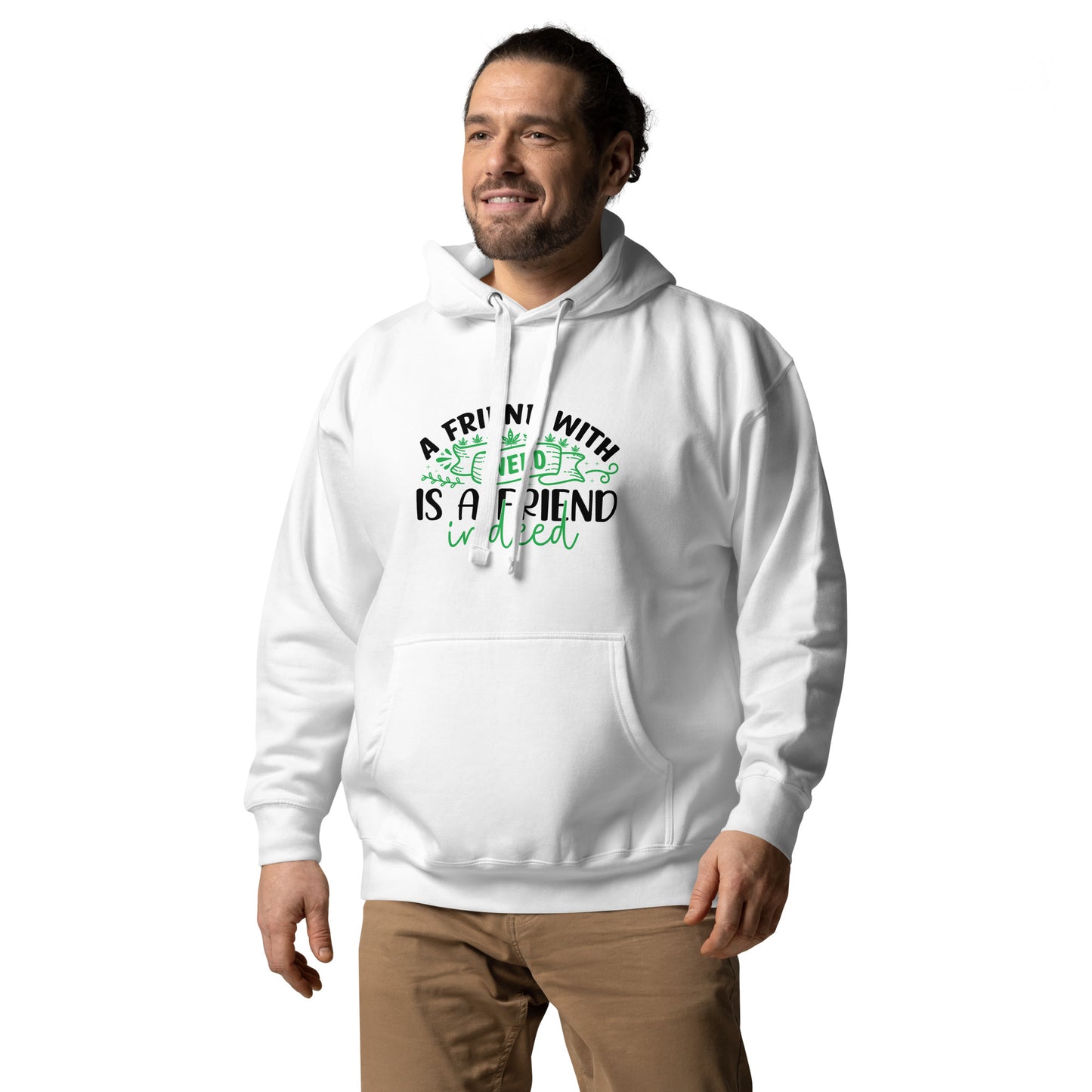 Image of a model wearing our Friendship-Embracing Hoodie: A Friend with Deed is a Friend Indeed Edition, symbolizing the importance of meaningful connections.
