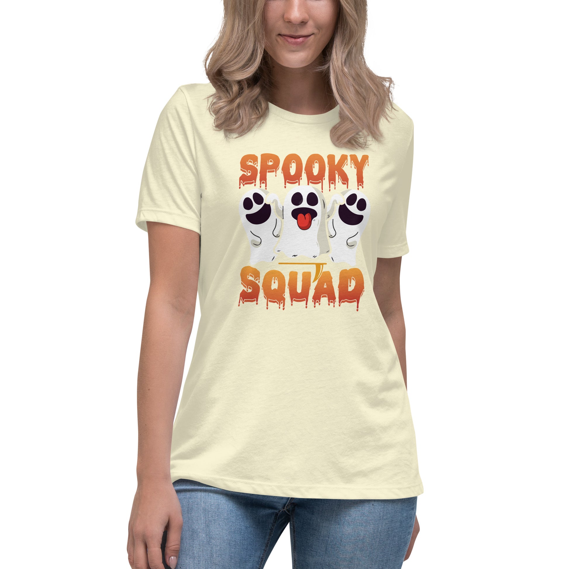 Image of a model wearing our Spooky Squad Women's Relaxed Fit T-Shirt, perfect for Halloween enthusiasts