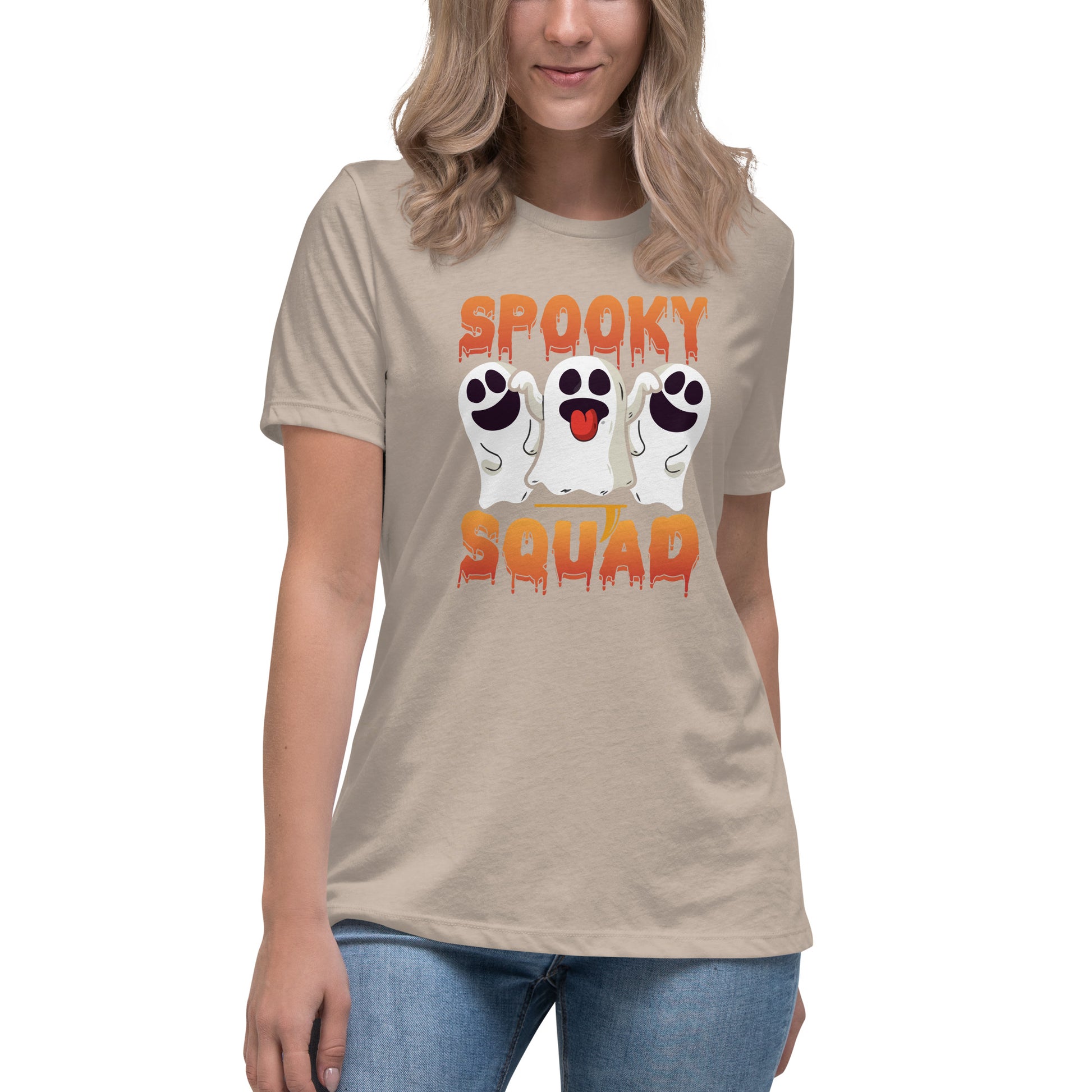 Image of a model wearing our Spooky Squad Women's Relaxed Fit T-Shirt, perfect for Halloween enthusiasts