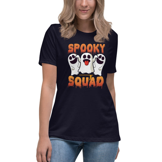 Image of a model wearing our Spooky Squad Women's Relaxed Fit T-Shirt, perfect for Halloween enthusiasts