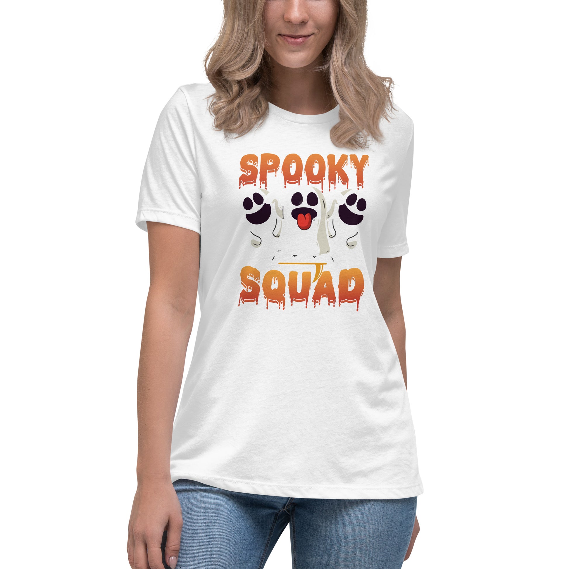 Image of a model wearing our Spooky Squad Women's Relaxed Fit T-Shirt, perfect for Halloween enthusiasts