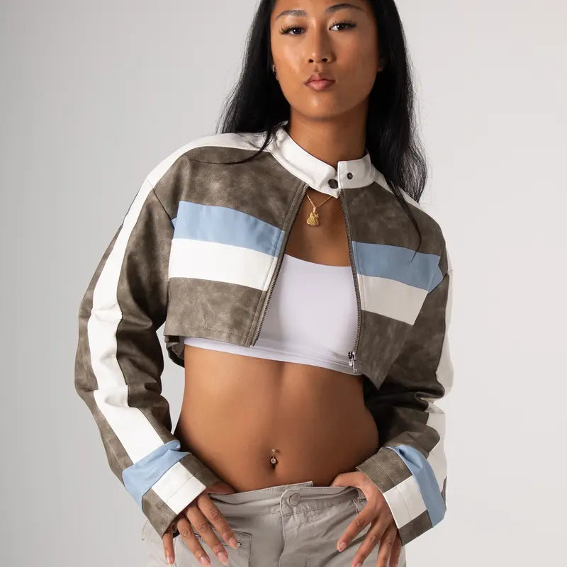 Grey & Light Blue Cropped Biker Jacket