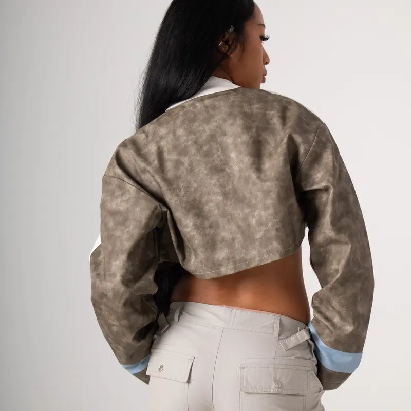 Grey & Light Blue Cropped Biker Jacket