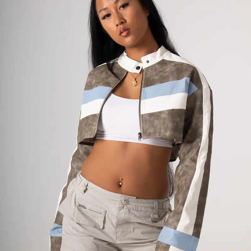 Grey & Light Blue Cropped Biker Jacket