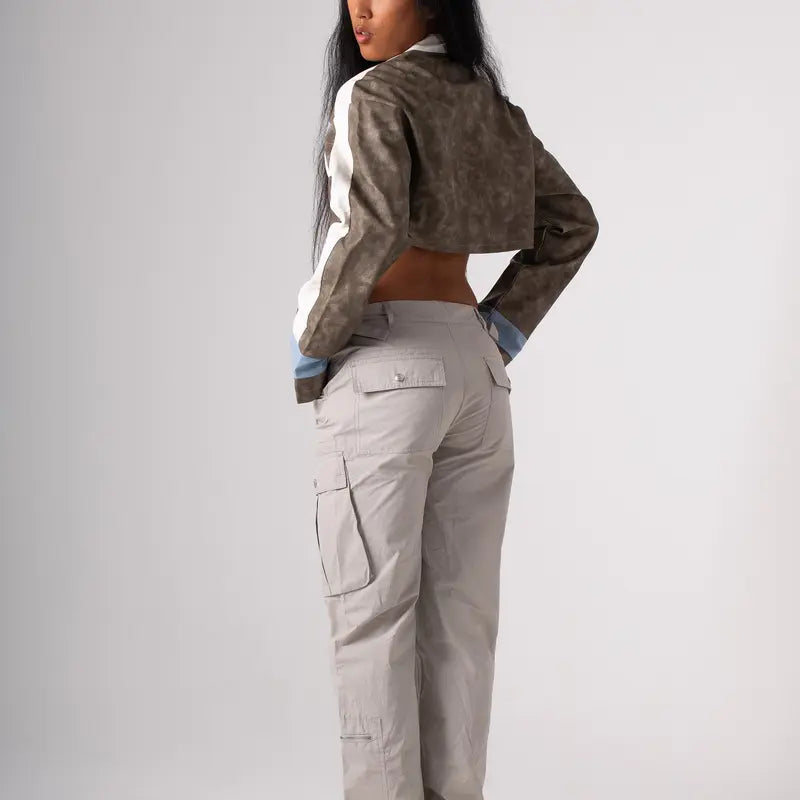 Grey & Light Blue Cropped Biker Jacket