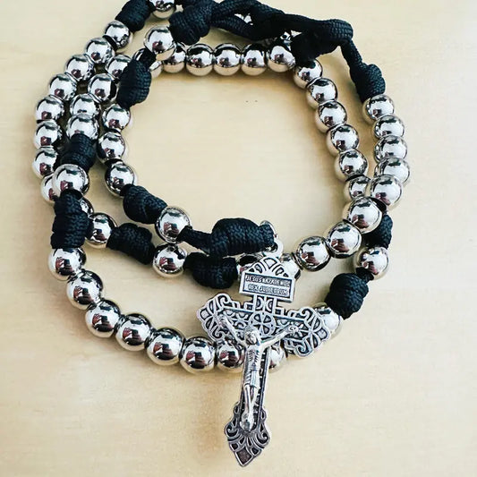 Paracord Rosary, Large Black Paracord Rosary Necklace