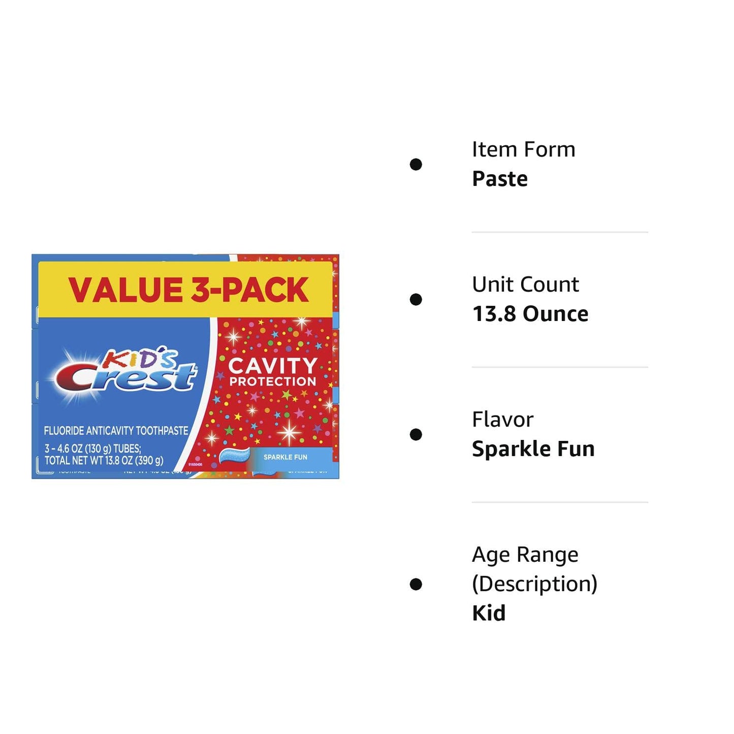 Crest Kid's Cavity Protection Toothpaste (children and toddlers 2+), Sparkle Fun, 4.6 Oz (Pack of 3)