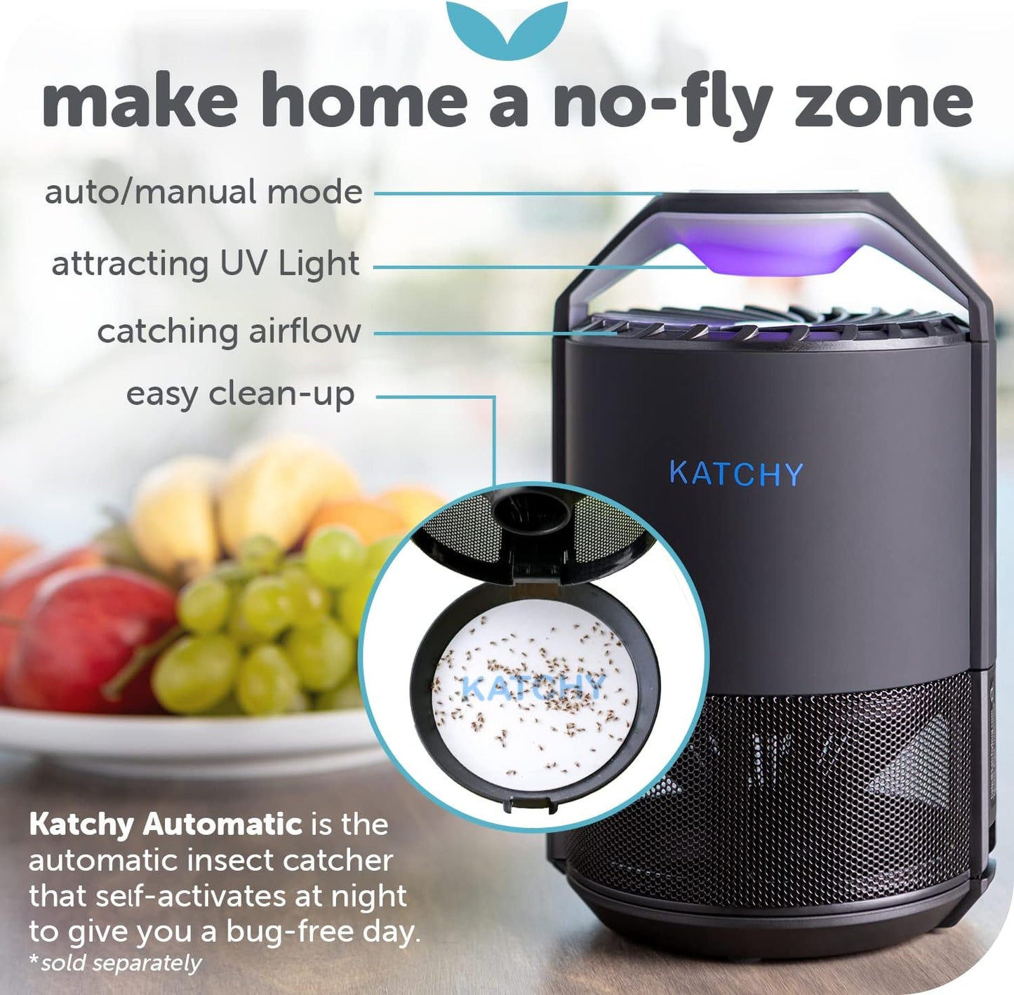 Katchy Indoor Insect Trap - Catcher & Killer for Mosquitos, Gnats, Moths, Fruit Flies - Non-Zapper Traps for Inside Your Home - Catch Insects Indoors with Suction, Bug Light & Sticky Glue (Black)