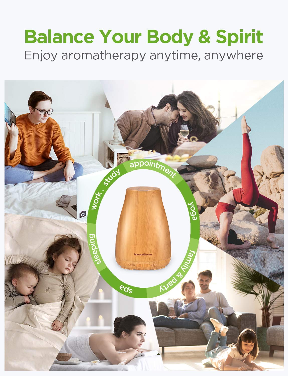 InnoGear Essential Oil Diffuser, Upgraded Diffusers for Essential Oils Aromatherapy Diffuser Cool Mist Humidifier with 7 Colors LED Lights 2 Mist Mode Waterless Auto Off for Home Office Room, White