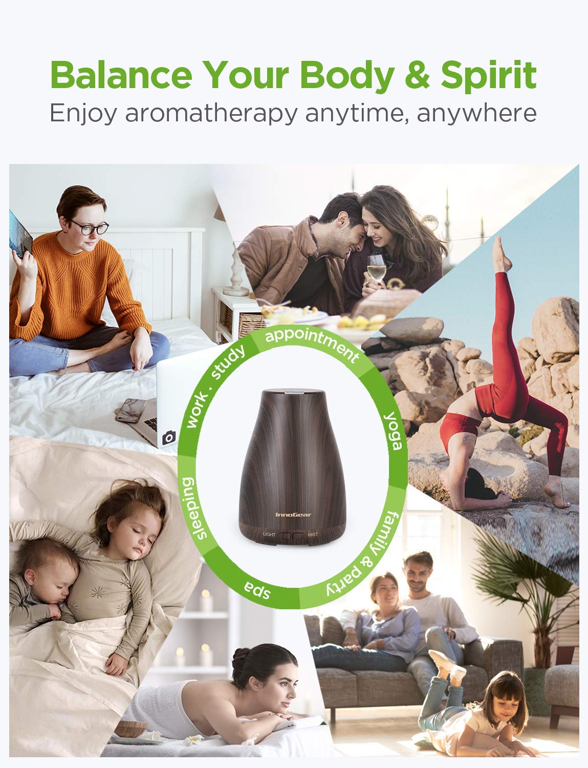 InnoGear Essential Oil Diffuser, Upgraded Diffusers for Essential Oils Aromatherapy Diffuser Cool Mist Humidifier with 7 Colors LED Lights 2 Mist Mode Waterless Auto Off for Home Office Room, White