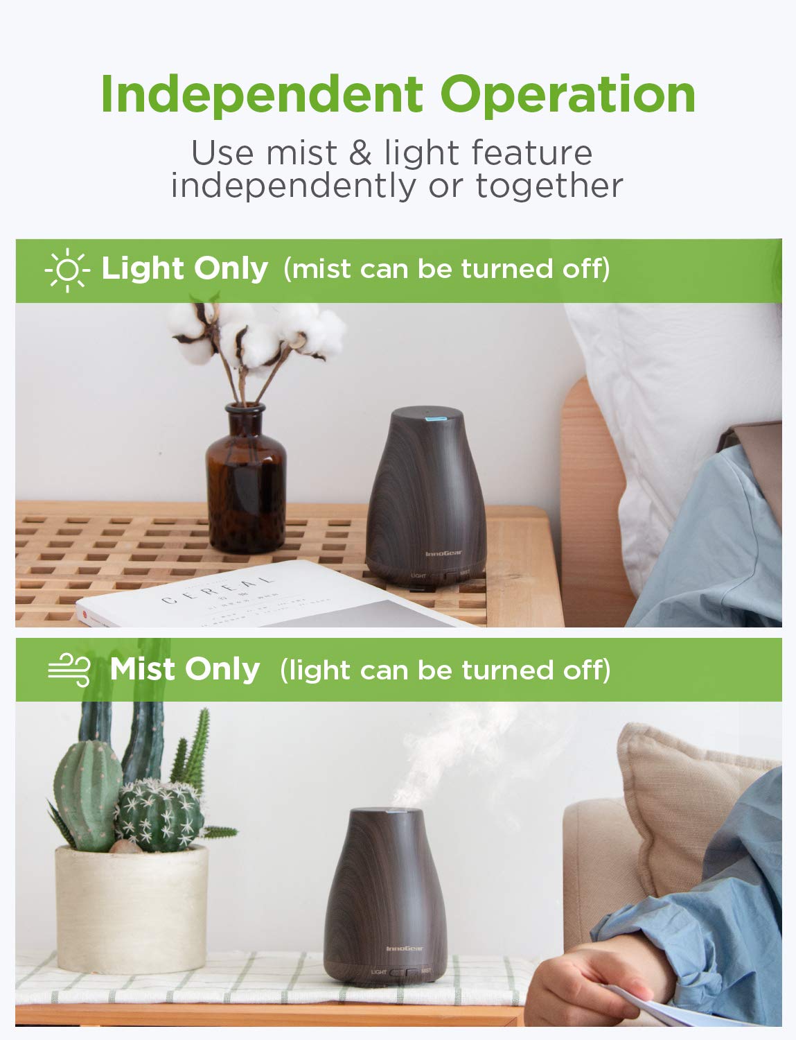 InnoGear Essential Oil Diffuser, Upgraded Diffusers for Essential Oils Aromatherapy Diffuser Cool Mist Humidifier with 7 Colors LED Lights 2 Mist Mode Waterless Auto Off for Home Office Room, White