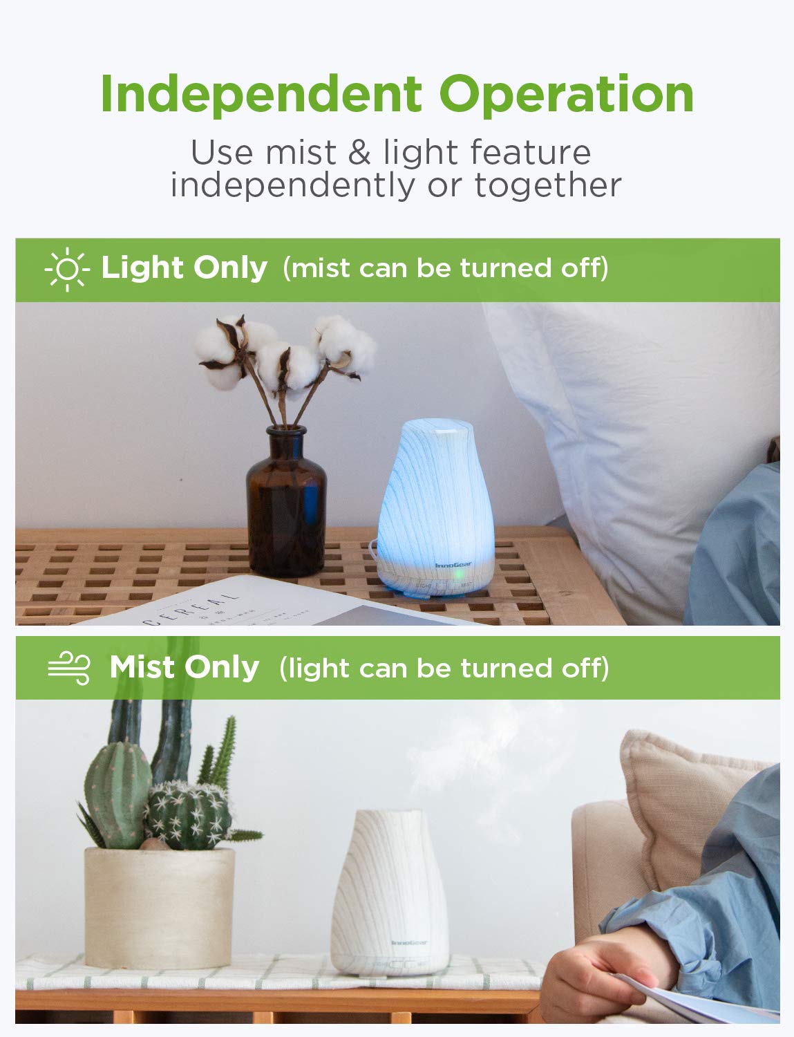 InnoGear Essential Oil Diffuser, Upgraded Diffusers for Essential Oils Aromatherapy Diffuser Cool Mist Humidifier with 7 Colors LED Lights 2 Mist Mode Waterless Auto Off for Home Office Room, White