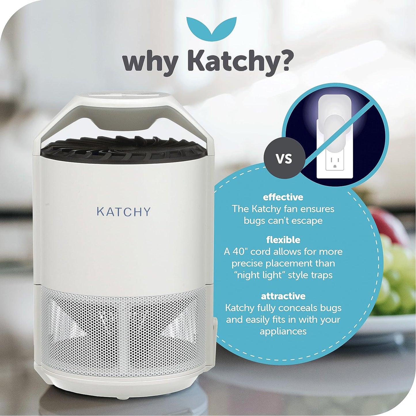 Katchy Indoor Insect Trap - Catcher & Killer for Mosquitos, Gnats, Moths, Fruit Flies - Non-Zapper Traps for Inside Your Home - Catch Insects Indoors with Suction, Bug Light & Sticky Glue (Black)