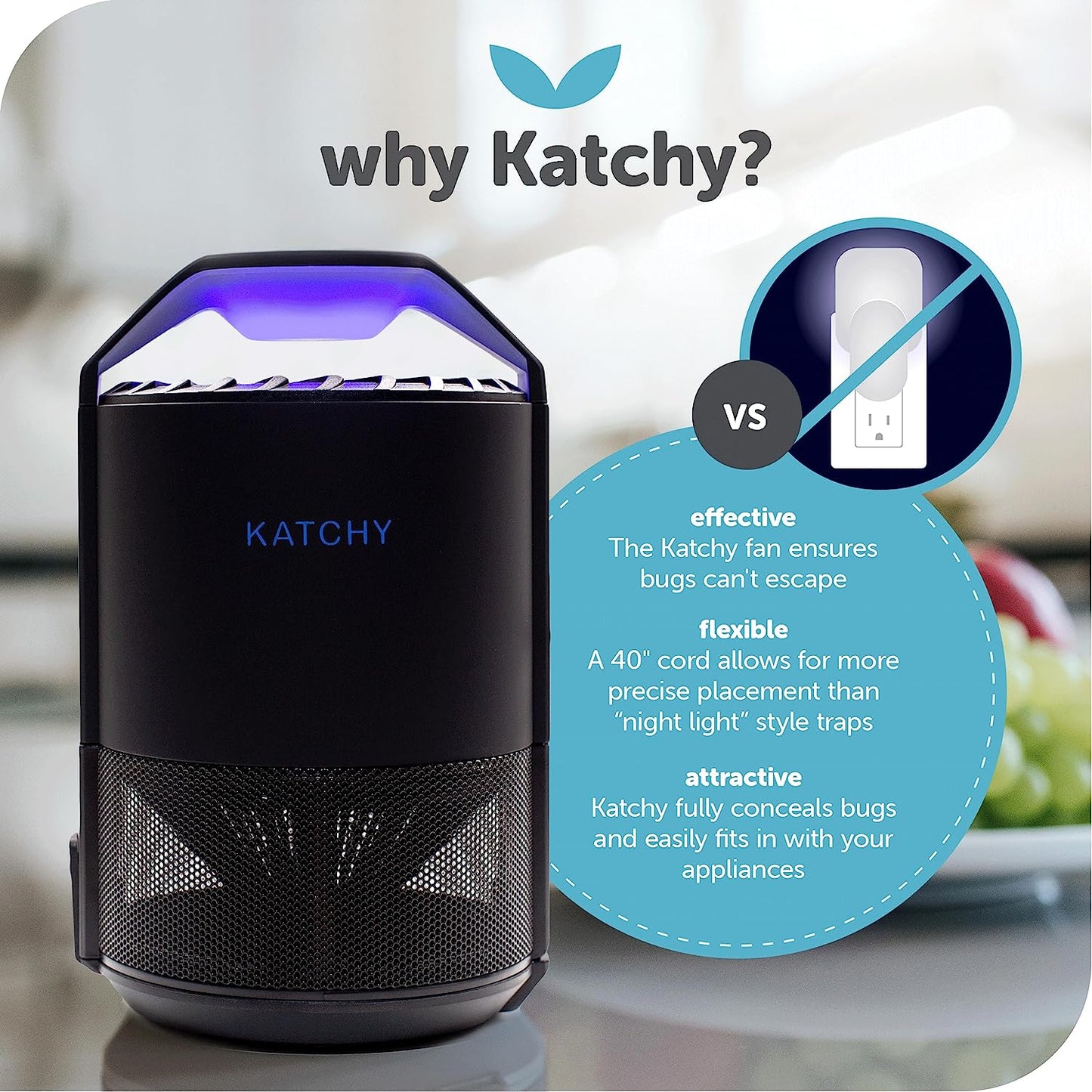 Katchy Indoor Insect Trap - Catcher & Killer for Mosquitos, Gnats, Moths, Fruit Flies - Non-Zapper Traps for Inside Your Home - Catch Insects Indoors with Suction, Bug Light & Sticky Glue (Black)