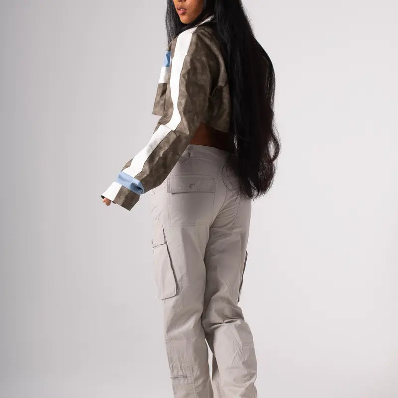 Grey & Light Blue Cropped Biker Jacket